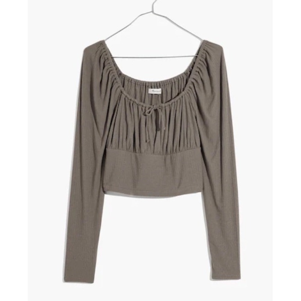 Madewell Ribbed Square Neck Keyhole Tie‎ Long Slv Crop Top Medium Brown Hipster